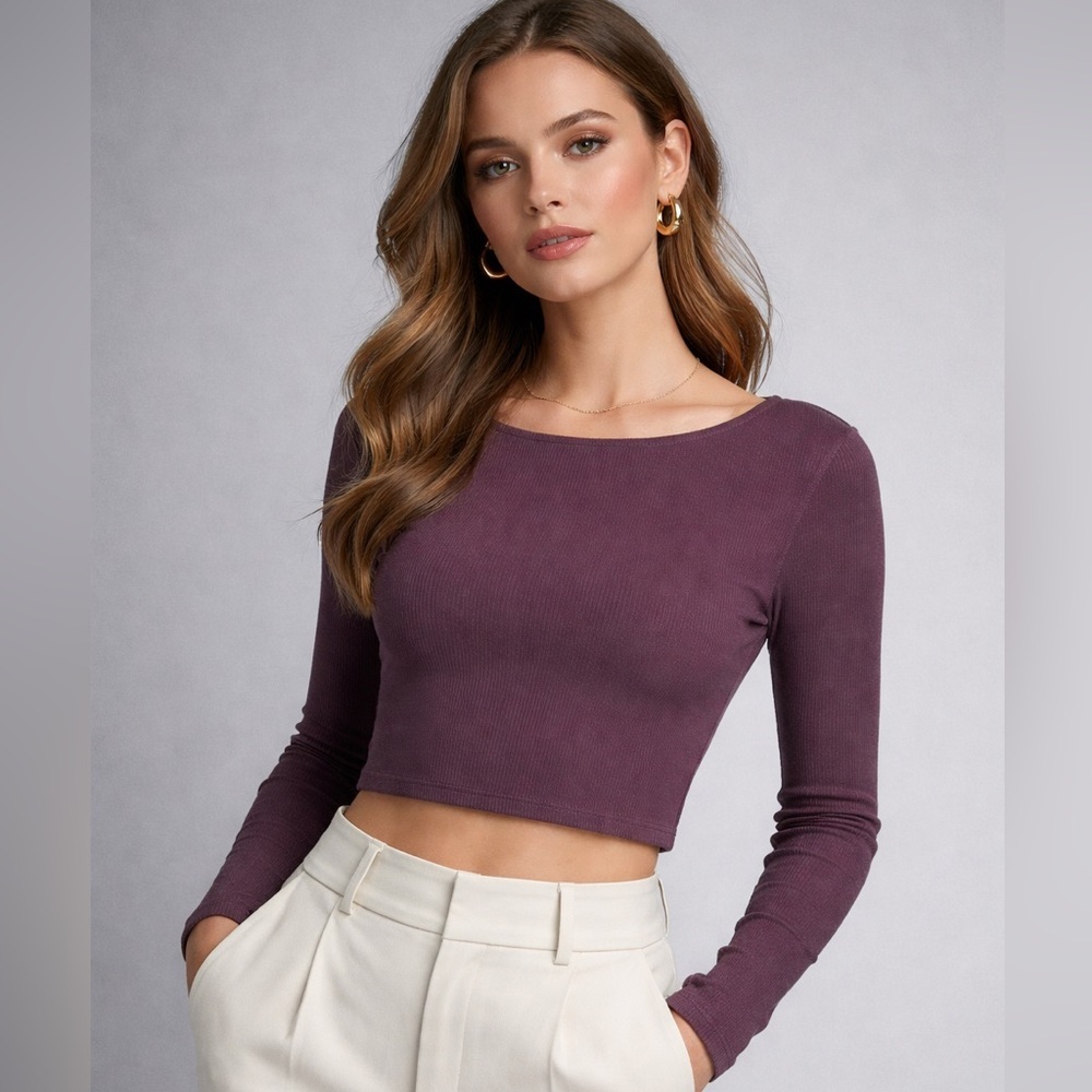 Ted Baker Ribbed Plum Long Sleeve Crop Top Rose Gold Zip Fitted Sz 1 (fit S/XS )
